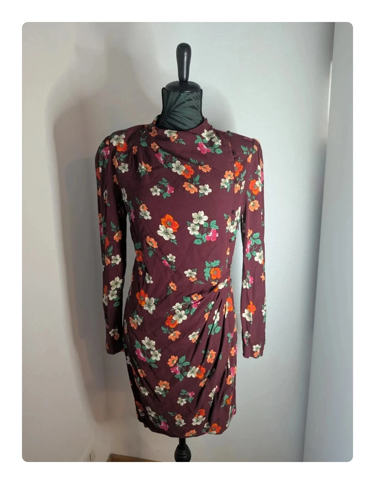 Robe Maje "Ripito" fleurie bordeaux drapée – Taille 3 (L)